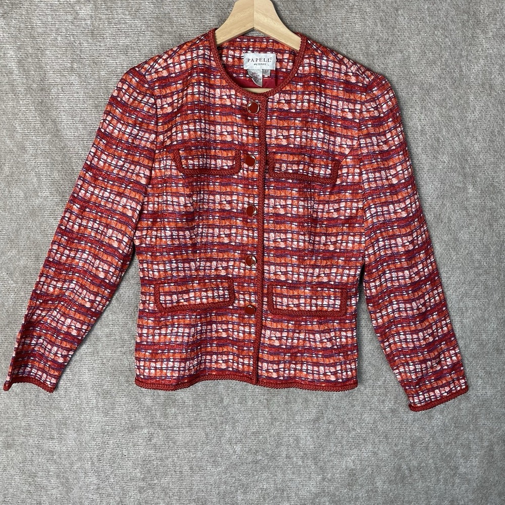 Papell Petites Womens Silk Tweed Jacket 6P Red Orange Lined Textured Button